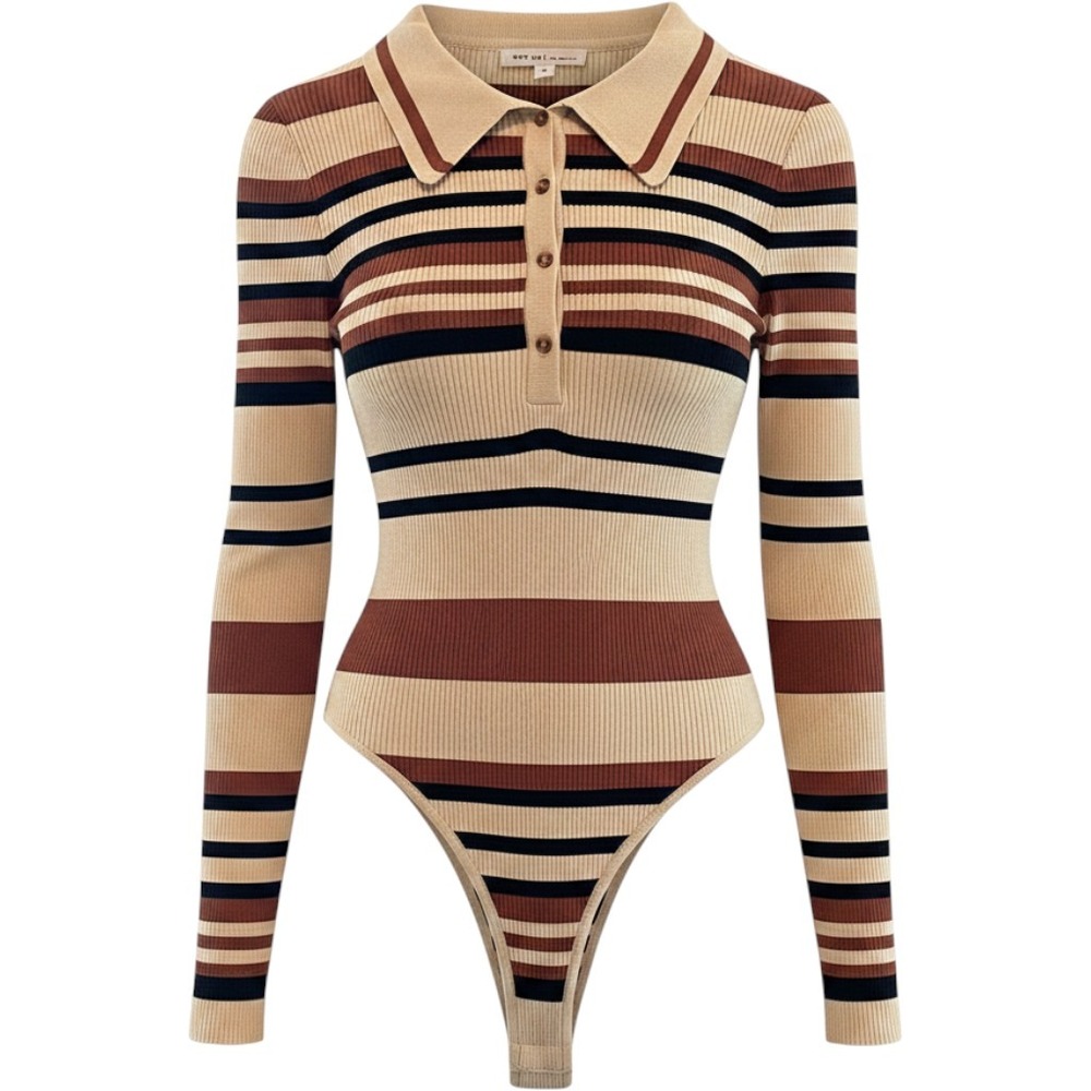 Grey Lab Los Angeles Striped Ribbed Knit Polo Bodysuit Brown Cream Navy Medium